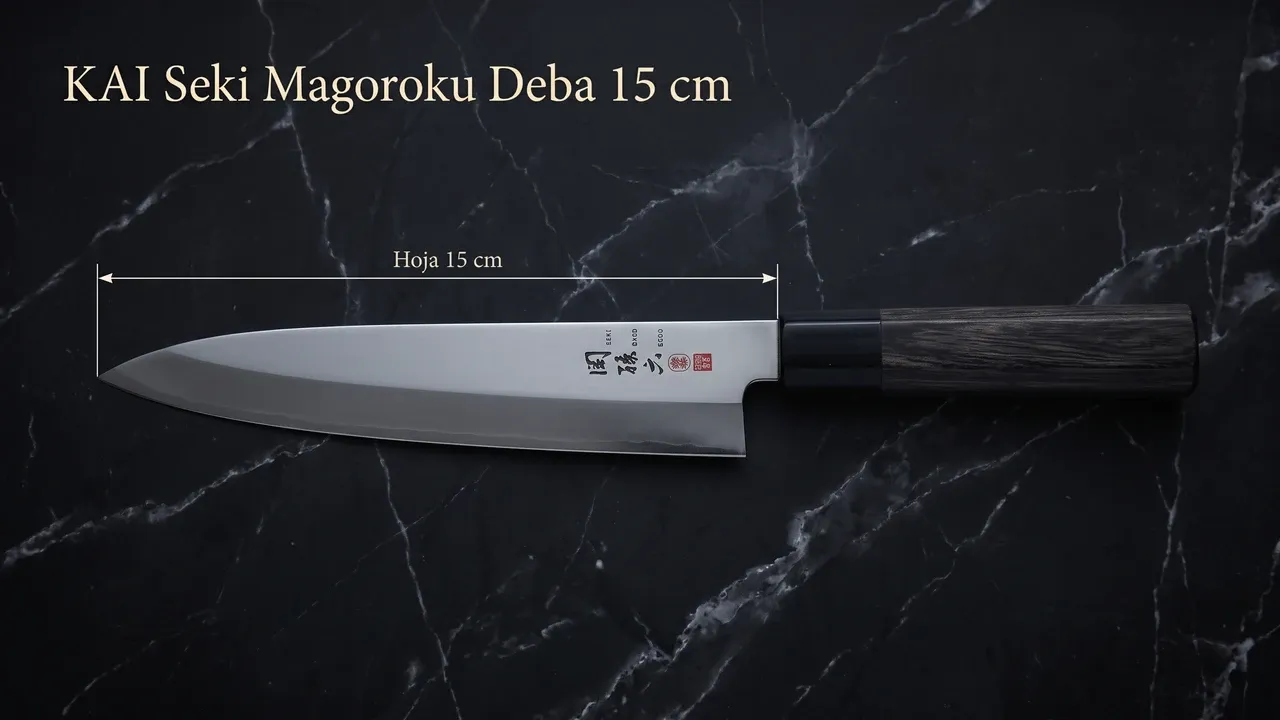 Medidas del deba KAI Seki Magoroku para zurdos: 15 cm de hoja ancha monobisel, con el mango octogonal de pakka negra fuera de la cota