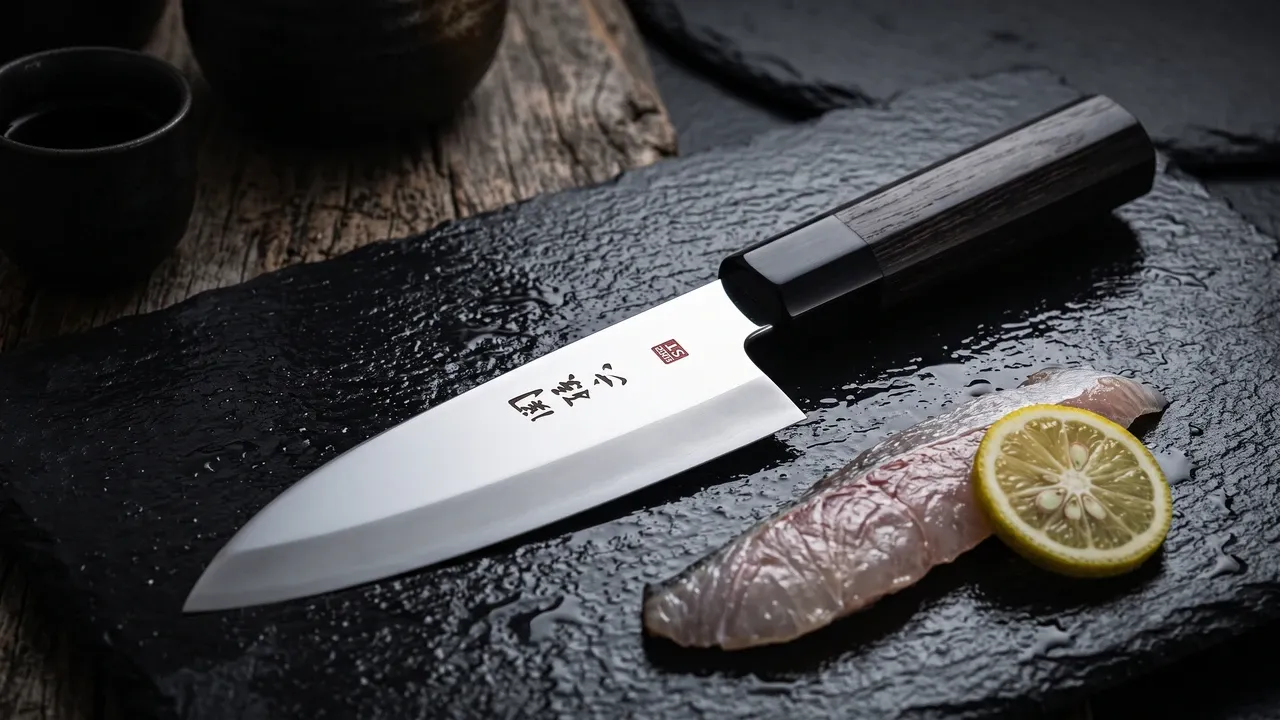 Deba KAI Seki Magoroku para zurdos sobre pizarra húmeda, con el mango octogonal de pakka negra y un lomo de pescado crudo Deba KAI Seki Magoroku para zurdos sobre pizarra húmeda, con el mango octogonal de pakka negra y un lomo de pescado crudo