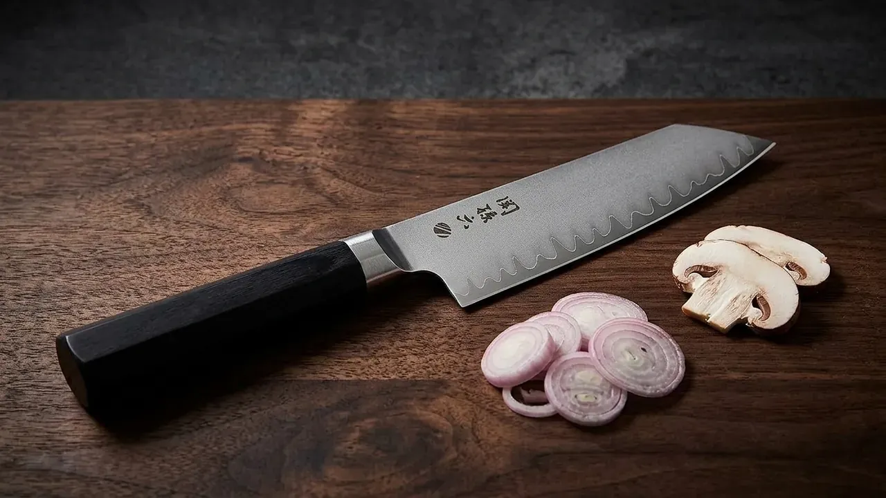 KAI Seki Magoroku Kaname Kiritsuke de 15 cm con punta angulada y mango octogonal negro sobre pizarra oscura junto a unas chalotas fileteadas
