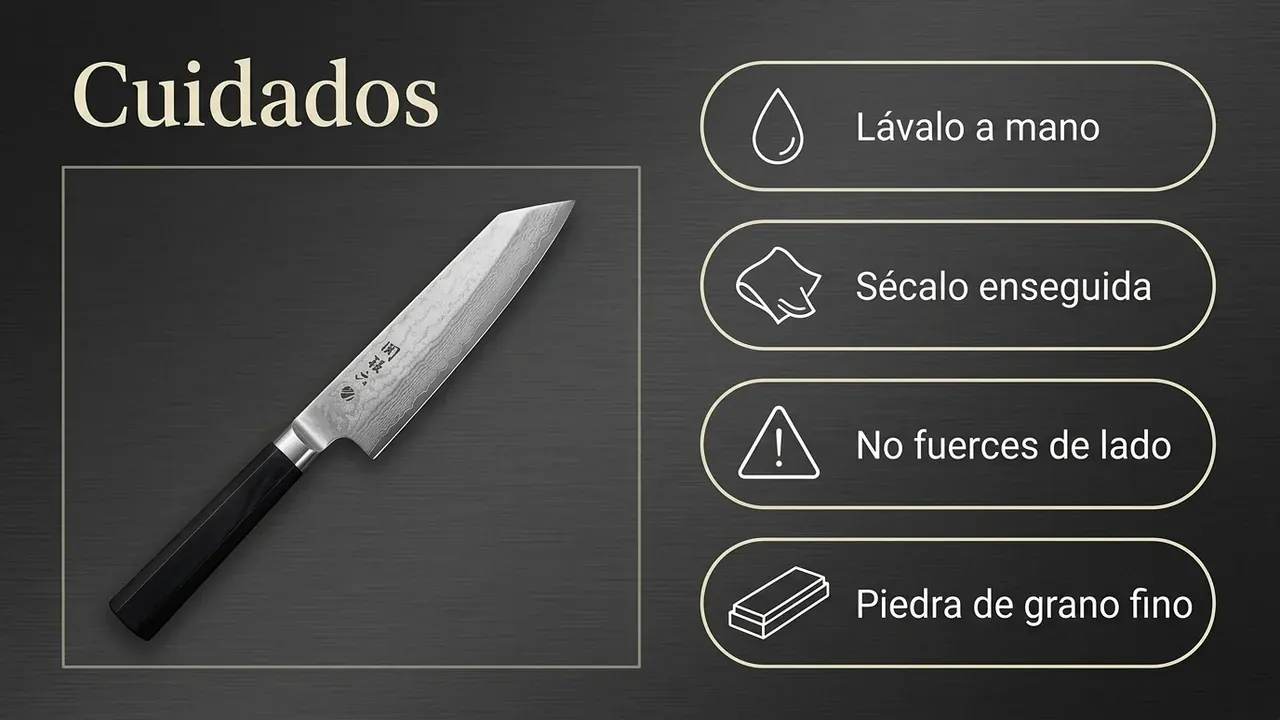 Cuidados del Kaname Kiritsuke de 15 cm: lavado a mano, secado inmediato, no forzar de lado y piedra de grano fino