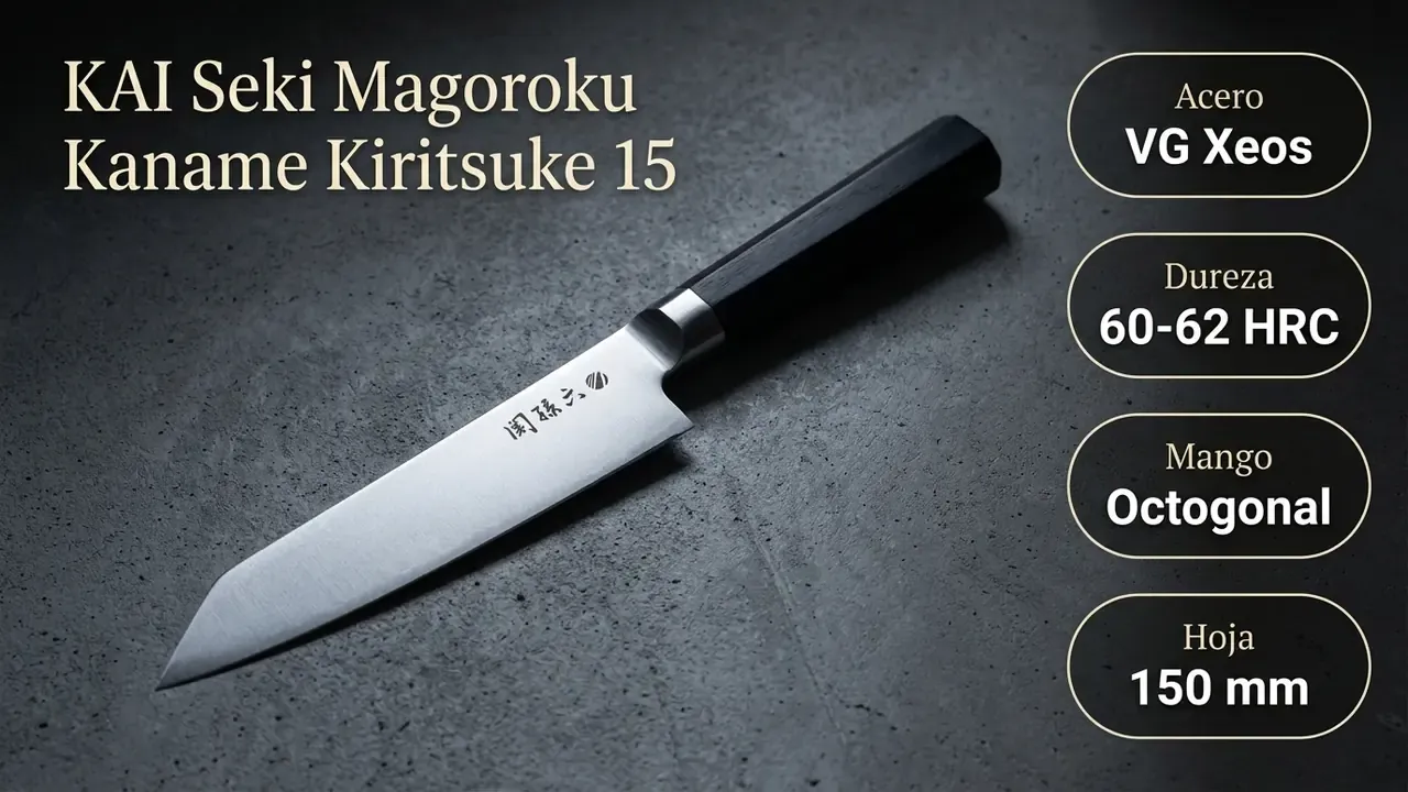 Ficha técnica del Kaname Kiritsuke corto: acero VG Xeos, 60-62 HRC, mango octogonal y hoja de 150 mm