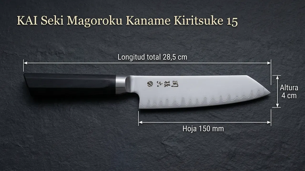 Medidas del Kaname Kiritsuke de 15 cm: 28,5 cm de longitud total, hoja de 150 mm y 4 cm de altura