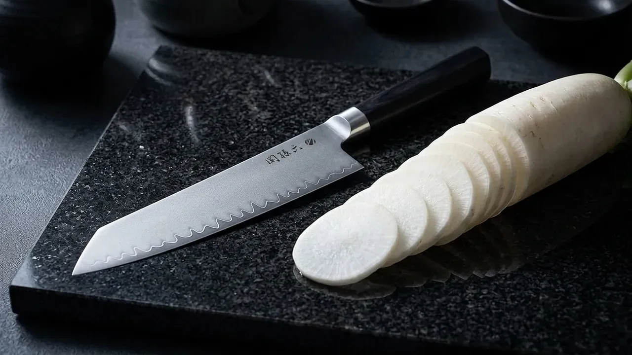KAI Seki Magoroku Kaname Kiritsuke de 19,5 cm con punta angulada y mango octogonal negro sobre granito oscuro junto a un daikon en rodajas finas