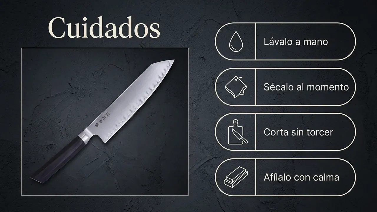 Cuidados del Kaname Kiritsuke: lavado a mano, secado inmediato, cortar sin torcer la hoja y afilar con calma en piedra