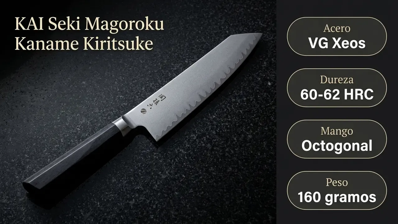Ficha técnica del KAI Kaname Kiritsuke: acero VG Xeos, 60-62 HRC de dureza, mango octogonal y 160 gramos de peso