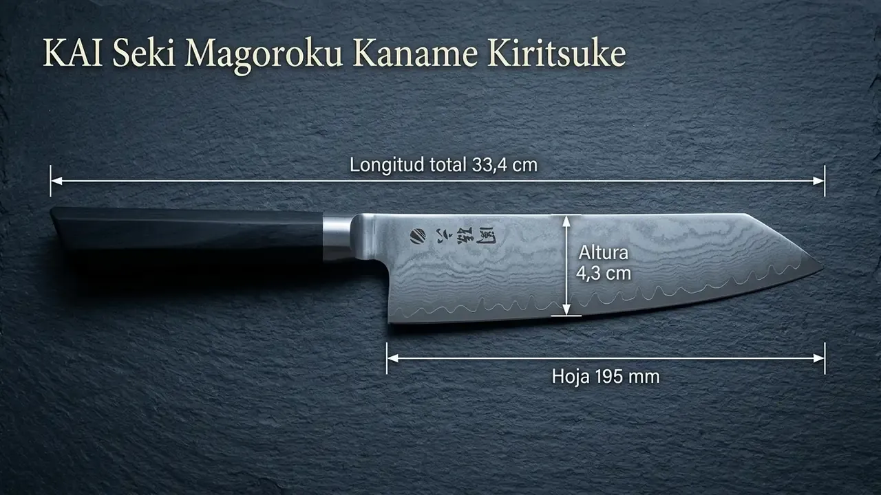 Medidas del Kaname Kiritsuke: 33,4 cm de longitud total, hoja de 195 mm y 4,3 cm de altura