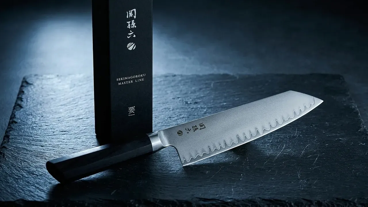 El Kiritsuke KAI Kaname junto a su estuche vertical negro de la línea Sekimagoroku Master Line