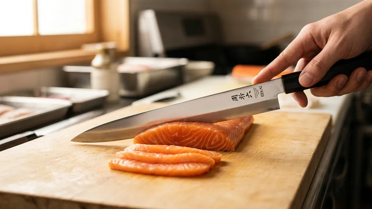 Cuchillo yanagiba KAI Seki Magoroku KK de 300 mm cortando lonchas finas de salmón para sashimi sobre una tabla de madera
