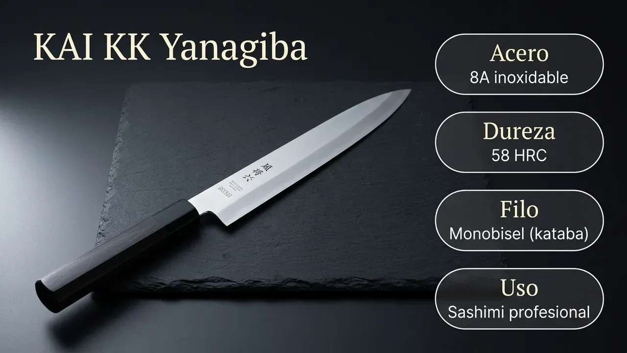 Ficha técnica del yanagiba KAI Seki Magoroku KK: acero inoxidable 8A a 58 HRC, filo monobisel kataba para sashimi profesional y mango wa de Pakka