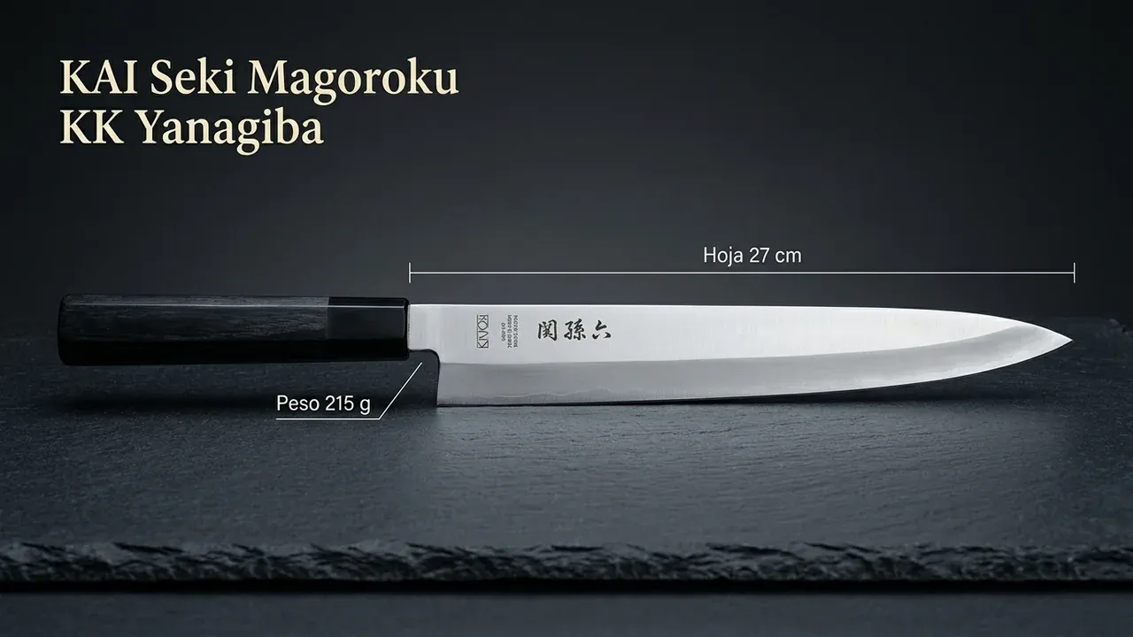Medidas del yanagiba KAI Seki Magoroku KK: hoja larga y estrecha de 27 cm de un solo bisel, mango wa octogonal de Pakka negra y 215 g de peso