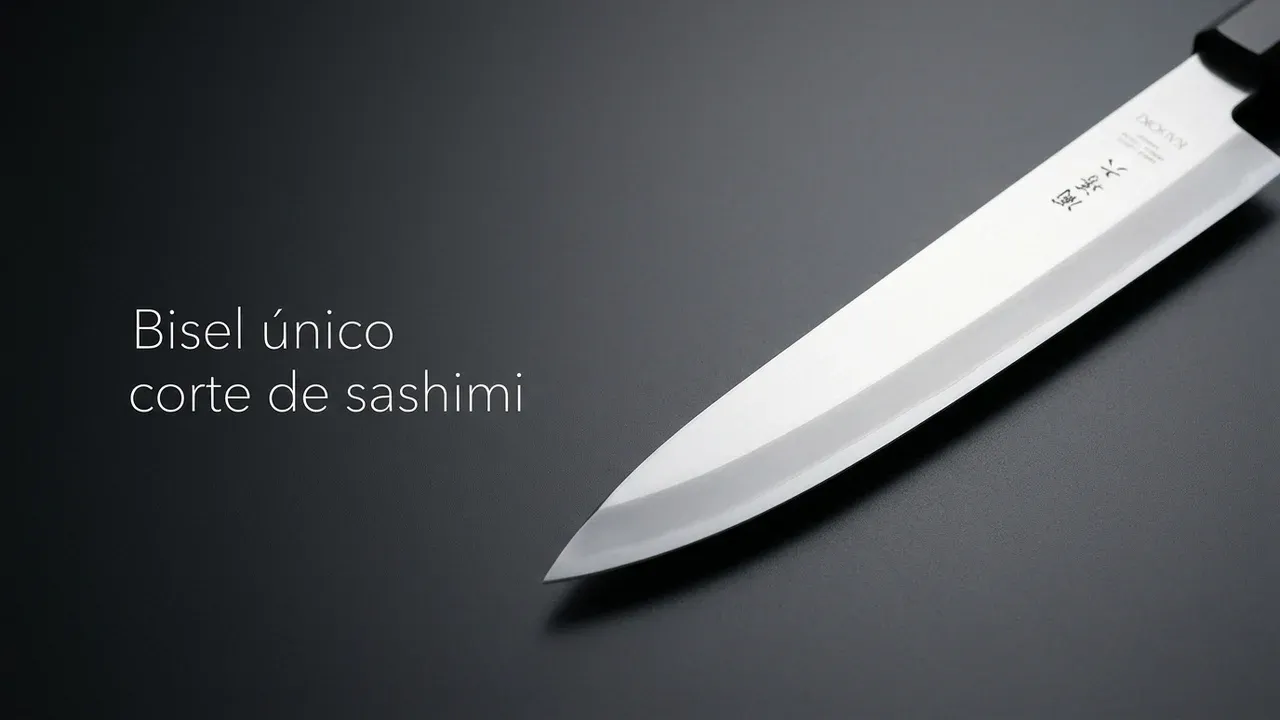 Detalle del filo de un solo bisel y la punta del yanagiba KAI Seki Magoroku KK, hoja larga y estrecha de alto brillo para sashimi