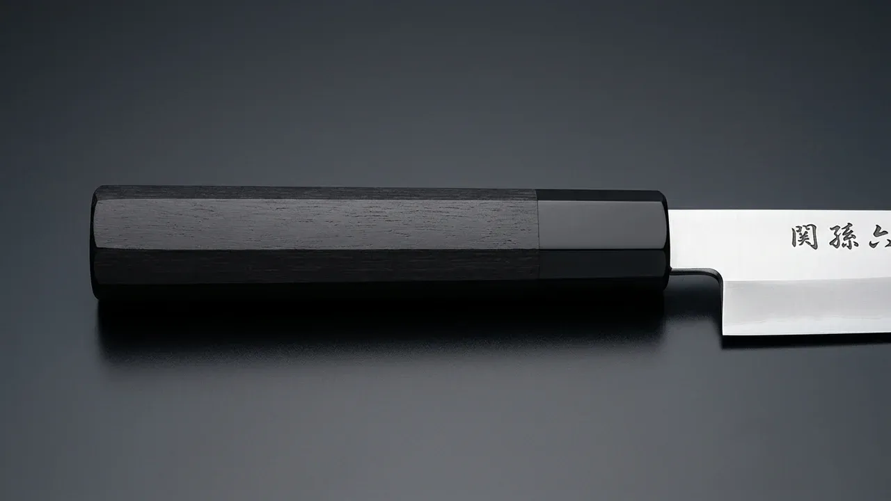 Detalle del mango wa octogonal de madera Pakka negra del yanagiba KAI Seki Magoroku KK, con el collar negro y el kanji en la hoja