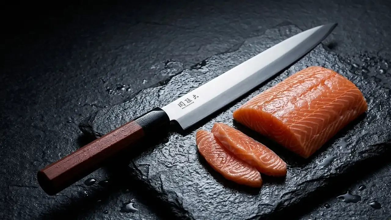 KAI Seki Magoroku Redwood Yanagiba de 21 cm con mango de pakkawood rojizo sobre piedra húmeda junto a un lomo de salmón y dos lonchas de sashimi