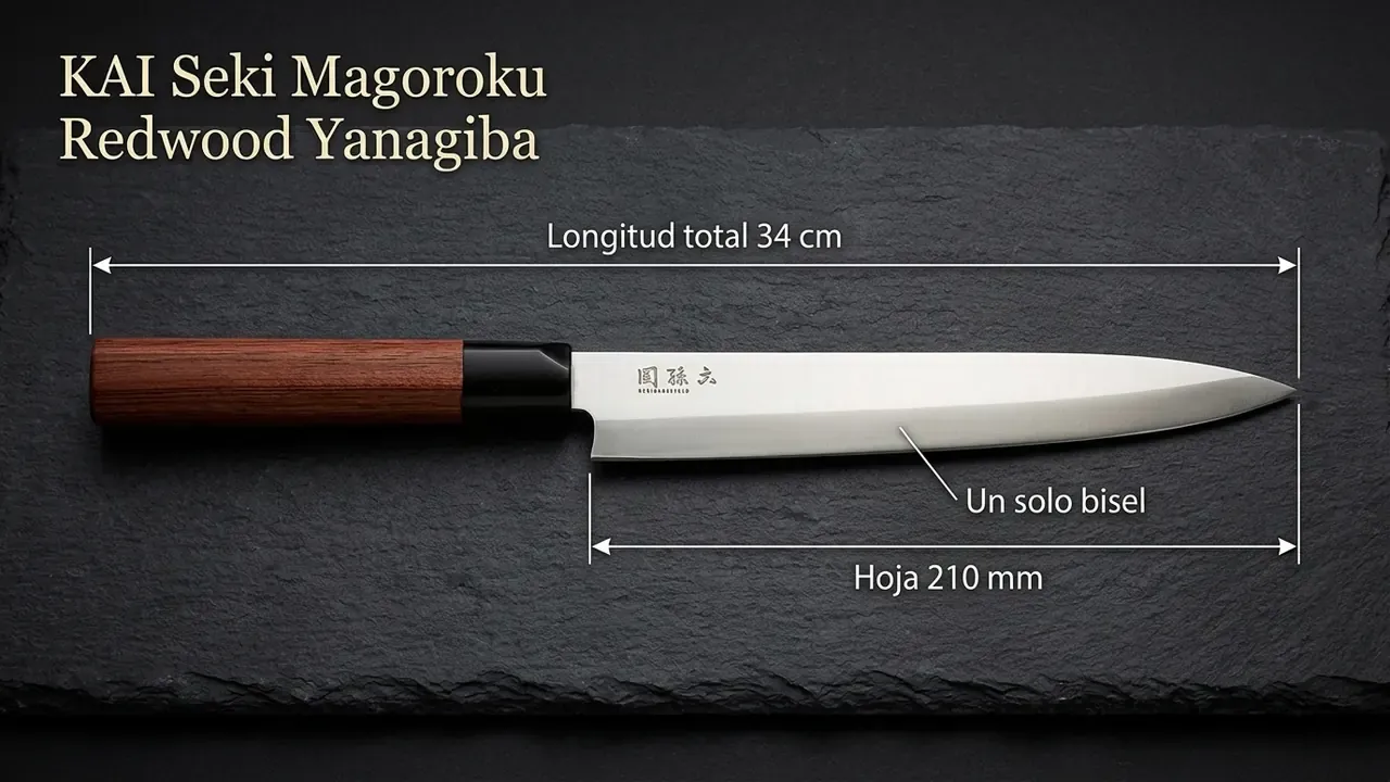 Medidas del Yanagiba KAI Seki Magoroku Redwood: 34 cm de longitud total, hoja de 210 mm y filo de un solo bisel