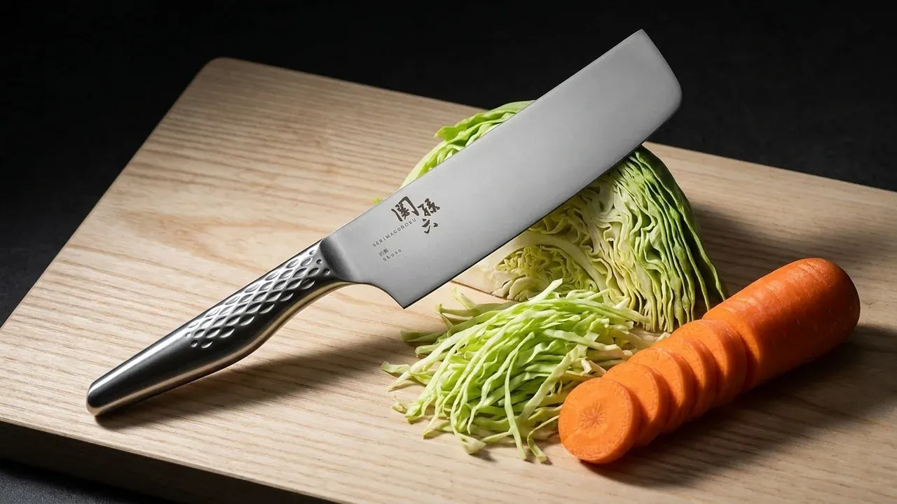 KAI Seki Magoroku Shoso Nakiri de 16,5 cm con mango de acero de una pieza sobre tabla de madera clara junto a col en juliana y zanahoria en rodajas