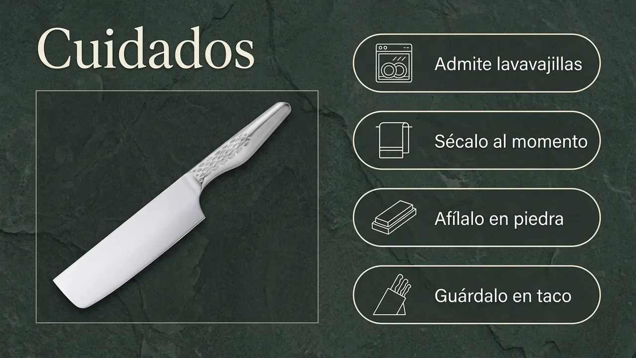 Cuidados del Nakiri Shoso: admite lavavajillas, secado inmediato, afilado en piedra y guardado en taco