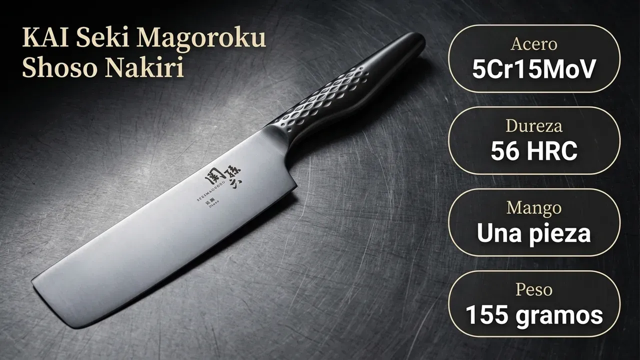 Ficha técnica del Shoso Nakiri: acero 5Cr15MoV, 56 HRC de dureza, mango de una pieza y 155 gramos de peso