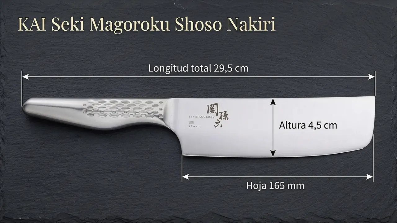 Medidas del Nakiri KAI Seki Magoroku Shoso: 29,5 cm de longitud total, hoja de 165 mm y 4,5 cm de altura de pala
