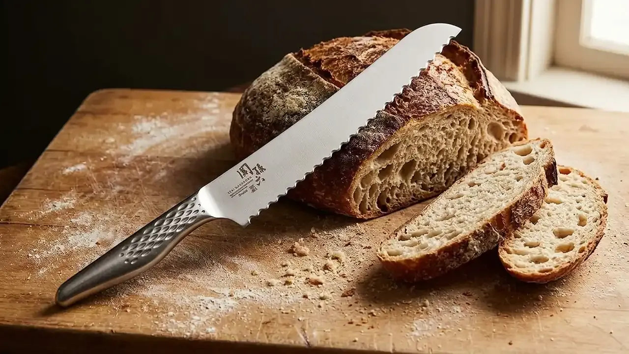 KAI Seki Magoroku Shoso panero de 21 cm con filo ondulado sobre tabla de madera clara junto a una hogaza de corteza gruesa cortada en rebanadas