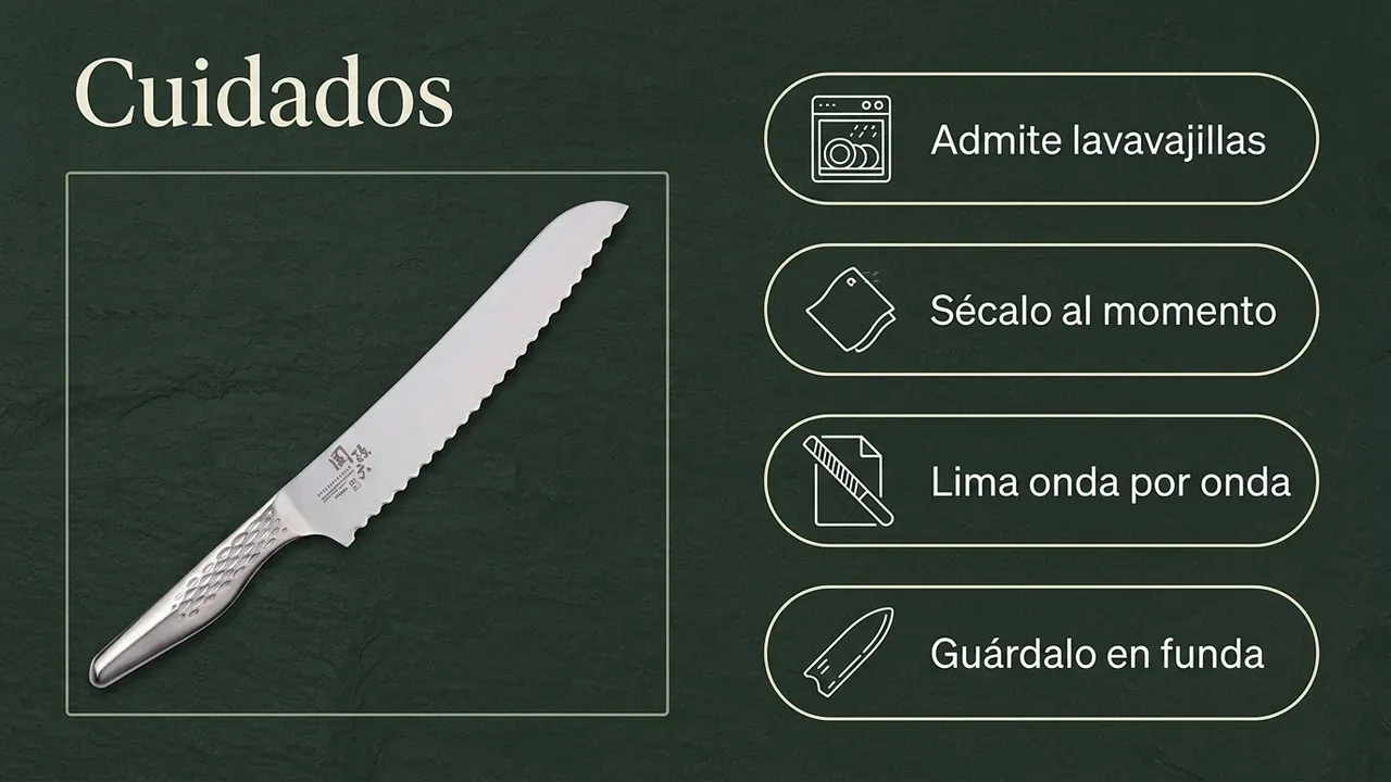 Cuidados del panero Shoso: admite lavavajillas, secado inmediato, limado onda por onda y guardado en funda