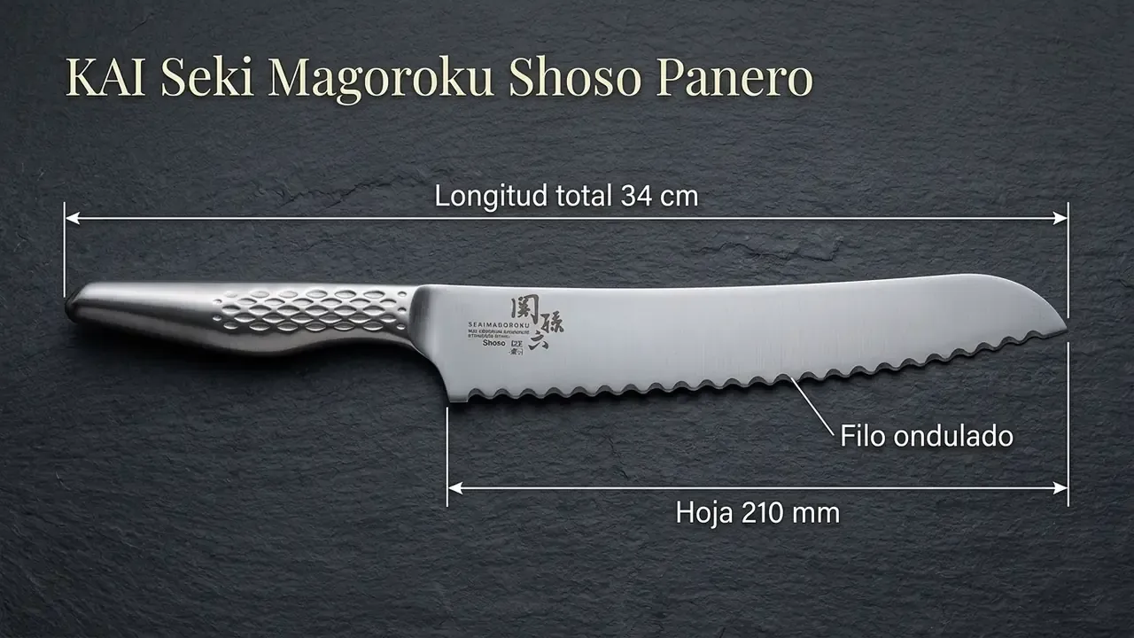 Medidas del panero KAI Seki Magoroku Shoso: 34 cm de longitud total, hoja de 210 mm y filo ondulado