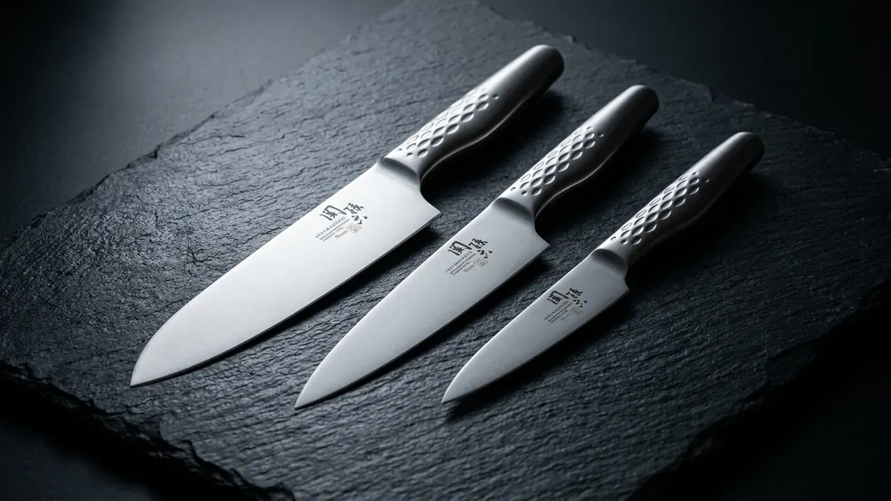 Los tres cuchillos del set KAI Seki Magoroku Shoso alineados sobre pizarra oscura: santoku de 16,5 cm y multiusos de 15 y 12 cm