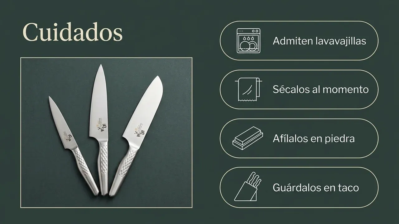 Cuidados del set Shoso: admiten lavavajillas, secado al momento, afilado en piedra y guardado en taco