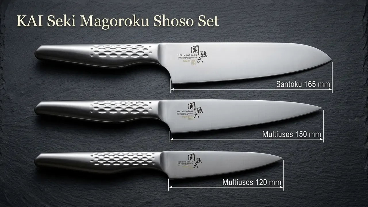 Los tres cuchillos del set Shoso acotados: santoku de 165 mm y multiusos de 150 y 120 mm