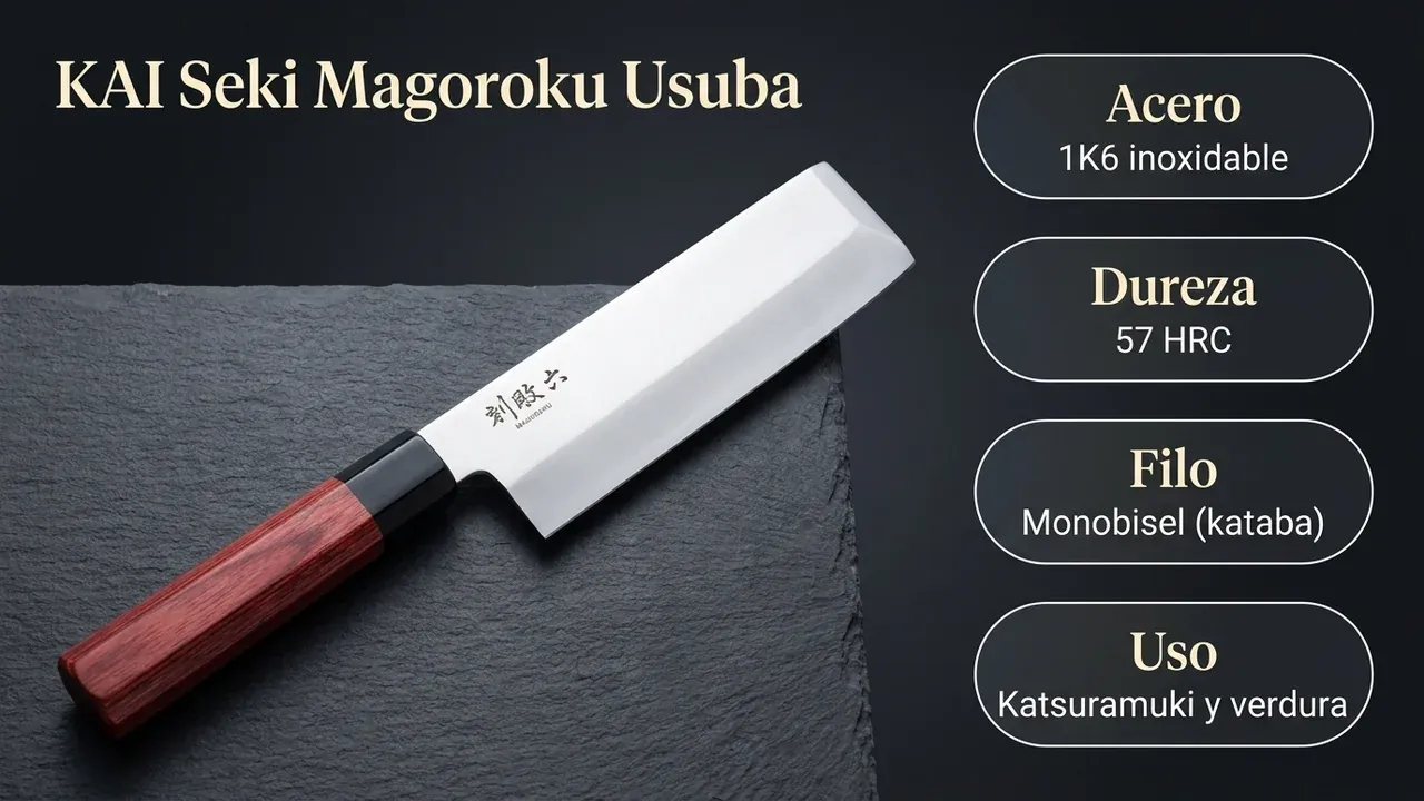 Ficha técnica del usuba KAI Seki Magoroku: acero inoxidable 1K6 a 57 HRC, filo monobisel kataba para katsuramuki y verdura