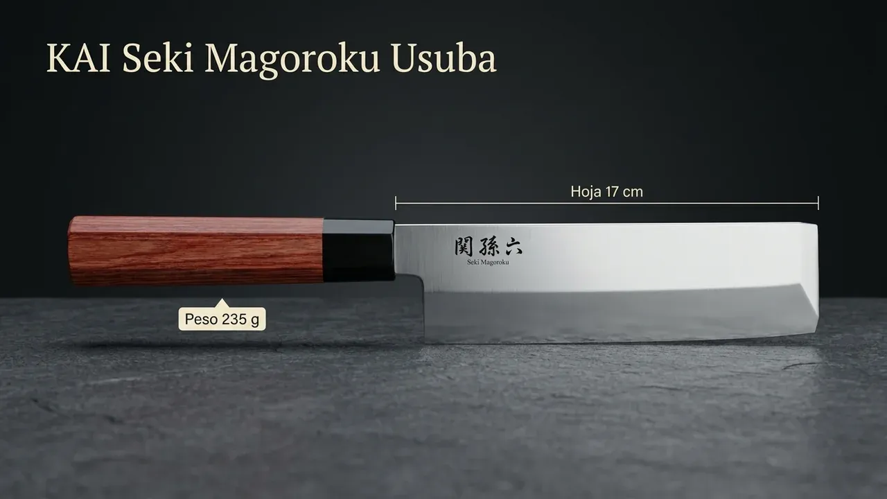 Medidas del usuba KAI Seki Magoroku: hoja rectangular de 17 cm y 235 g de peso, con mango de Pakka Red Wood y kanji grabado