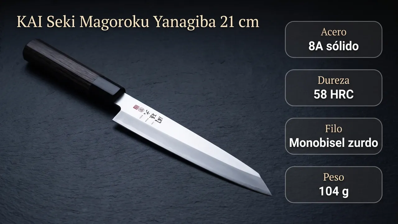 Ficha técnica del yanagiba KAI Seki Magoroku zurdo: acero 8A sólido, 58 HRC de dureza, filo monobisel invertido y 104 gramos de peso