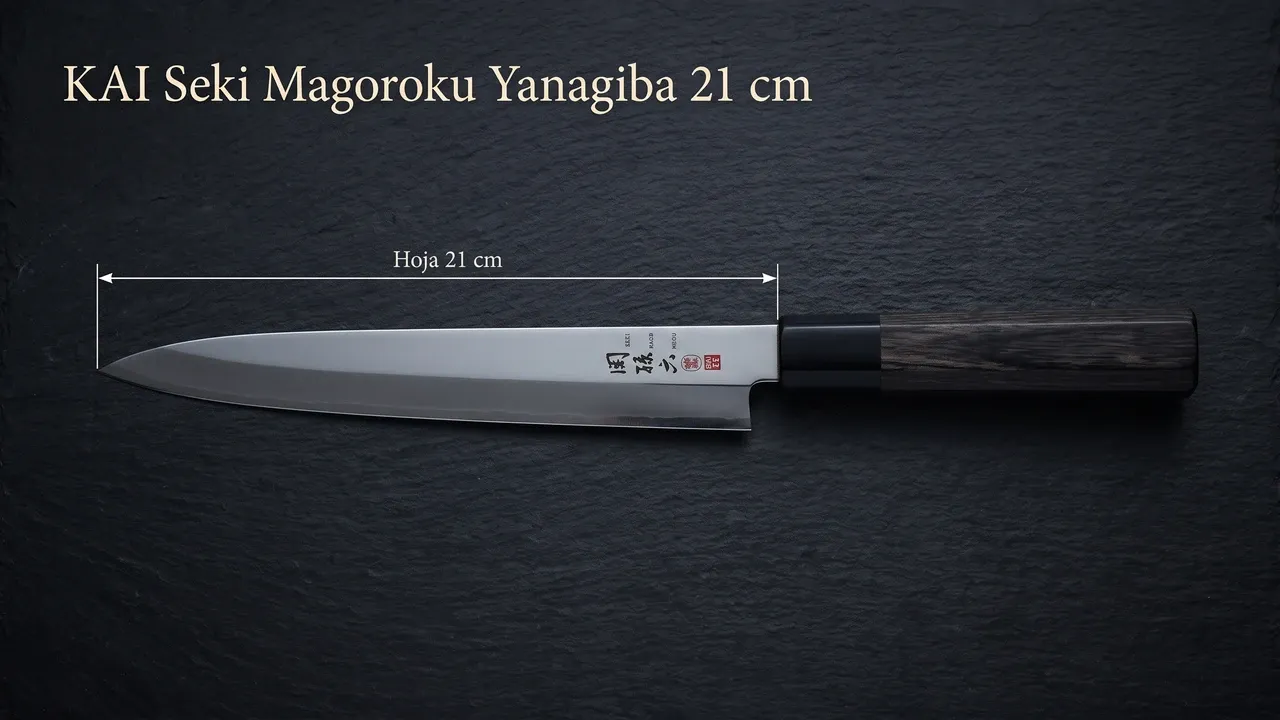 Medidas del yanagiba KAI Seki Magoroku para zurdos: 21 cm de hoja monobisel, con el mango octogonal de pakka negra fuera de la cota