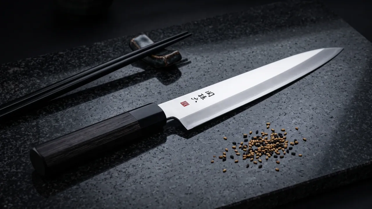 Yanagiba KAI Seki Magoroku para zurdos sobre granito pulido oscuro, con el mango octogonal de pakka negra Yanagiba KAI Seki Magoroku para zurdos sobre granito pulido oscuro, con el mango octogonal de pakka negra