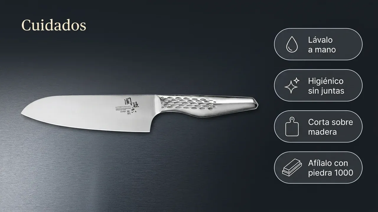Cuidados del Santoku KAI Shoso: lavar a mano, higiénico al no tener juntas, cortar sobre madera y afilar con piedra de grano 1000