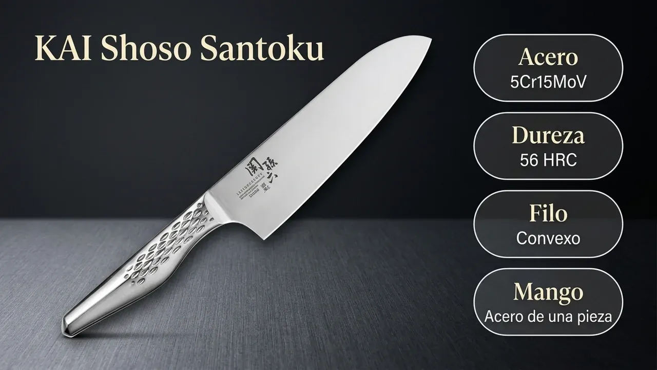 Ficha técnica del Santoku KAI Shoso: acero 5Cr15MoV a 56 HRC, afilado convexo y mango de acero inoxidable de una sola pieza