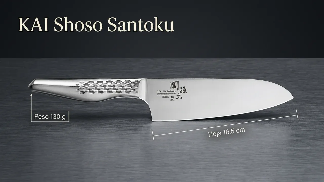 Medidas del Santoku KAI Seki Magoroku Shoso: hoja de 16,5 cm y unos 135 g de peso, con mango de acero de una pieza y kanji grabado
