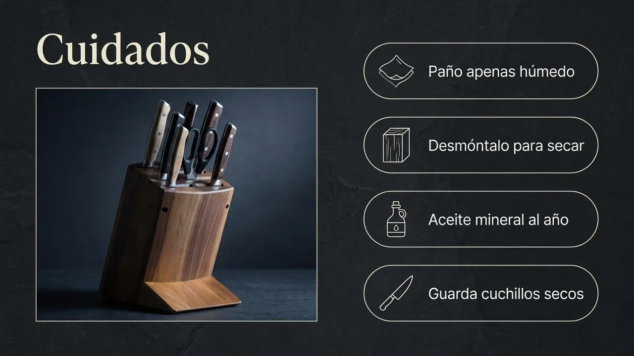 Cuidados del bloque de nogal: paño apenas húmedo, desmontarlo para secar, aceite mineral al año y guardar cuchillos secos