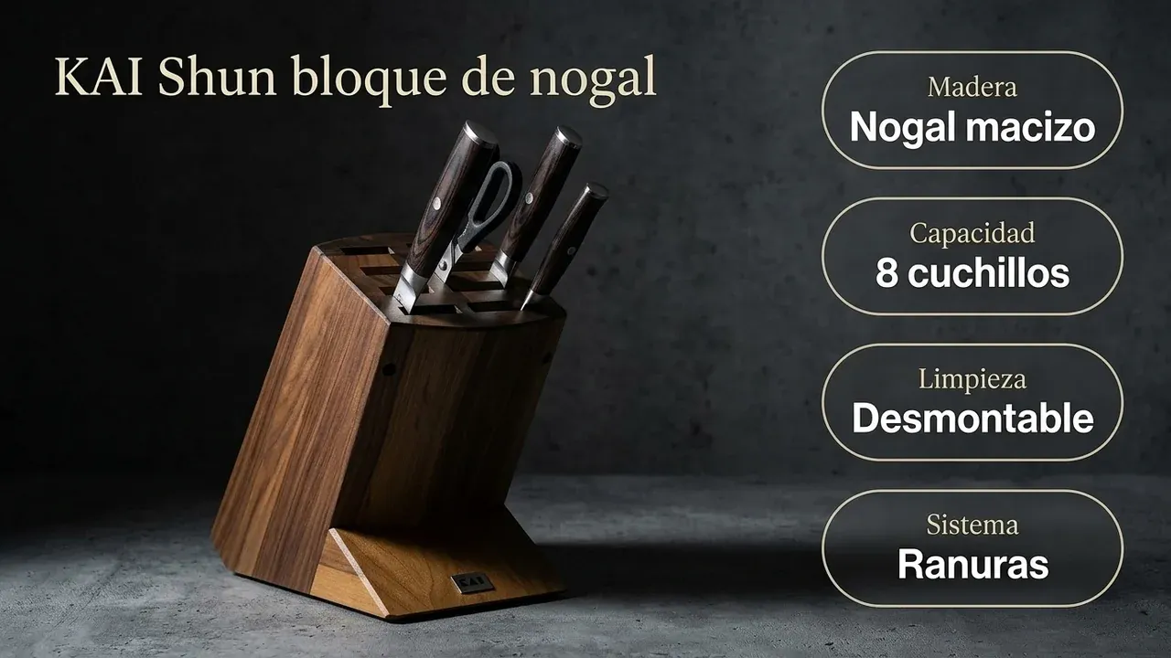 Ficha técnica del bloque Shun: nogal macizo, capacidad para 8 cuchillos, estructura desmontable y sistema de ranuras