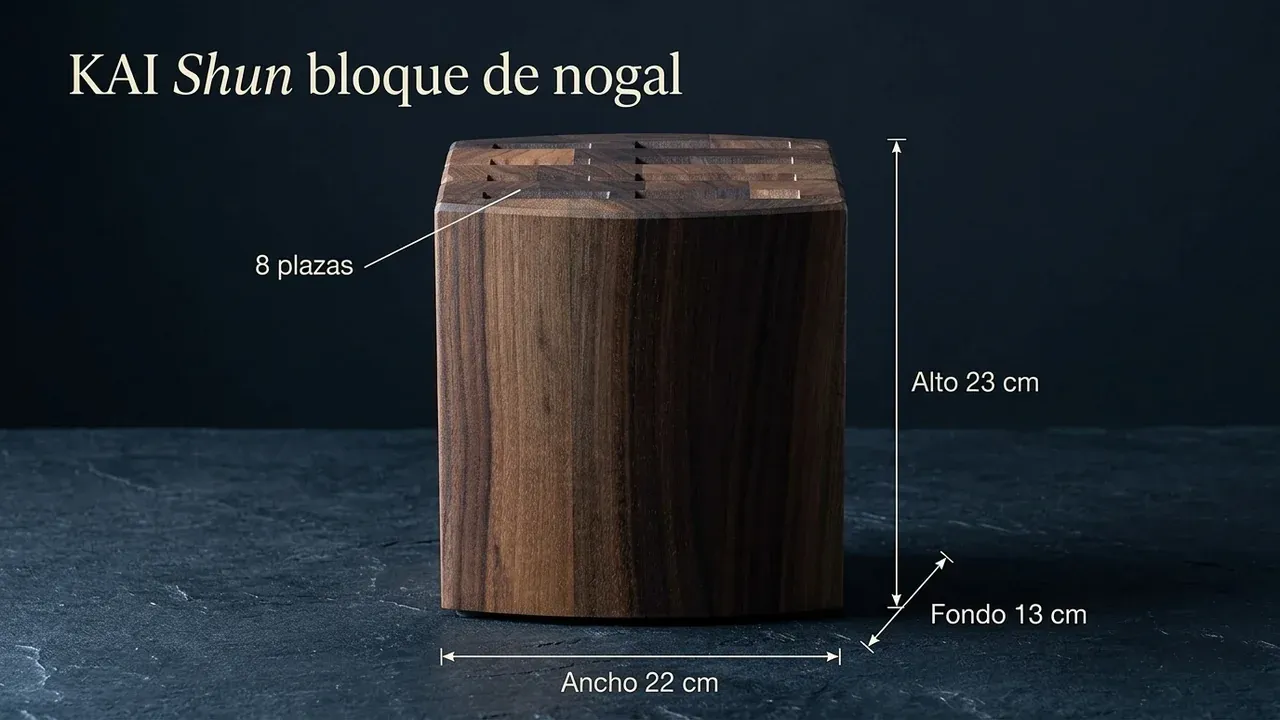 Medidas del bloque KAI Shun de nogal: 22 cm de ancho, 13 cm de fondo, 23 cm de alto y 8 plazas