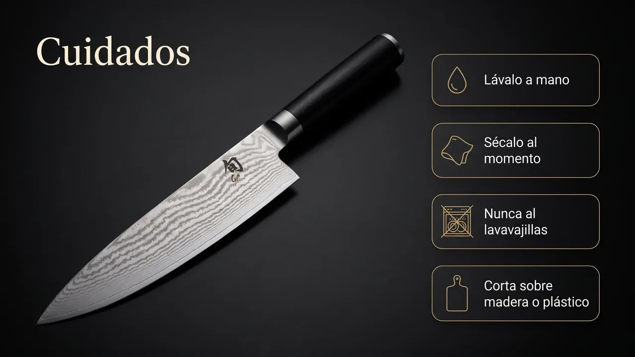 Cuidados del chef KAI Shun Classic zurdo: lavar a mano, secar al momento, nunca al lavavajillas y cortar sobre madera o plástico