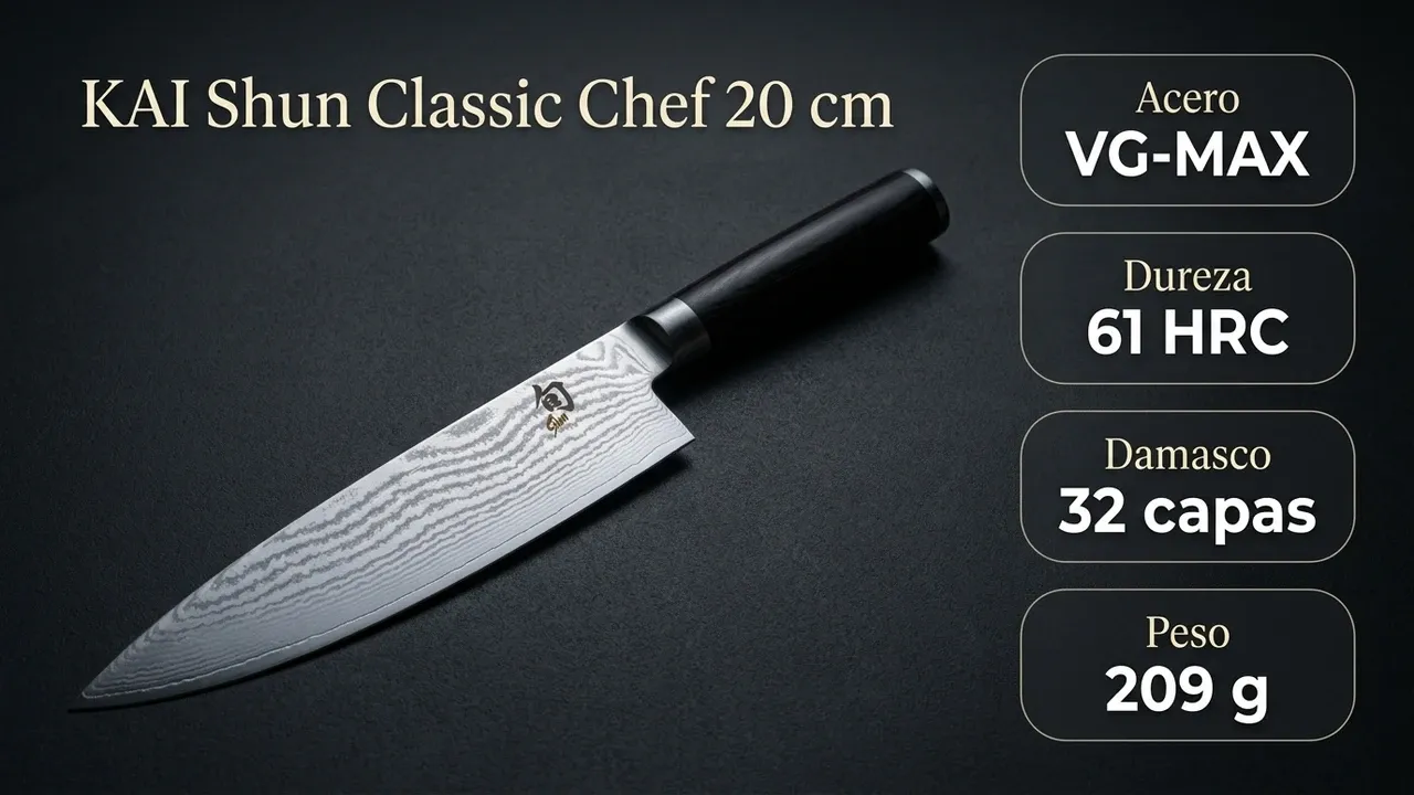 Ficha técnica del chef KAI Shun Classic zurdo: acero VG-MAX, 61 HRC de dureza, damasco de 32 capas y 209 gramos de peso