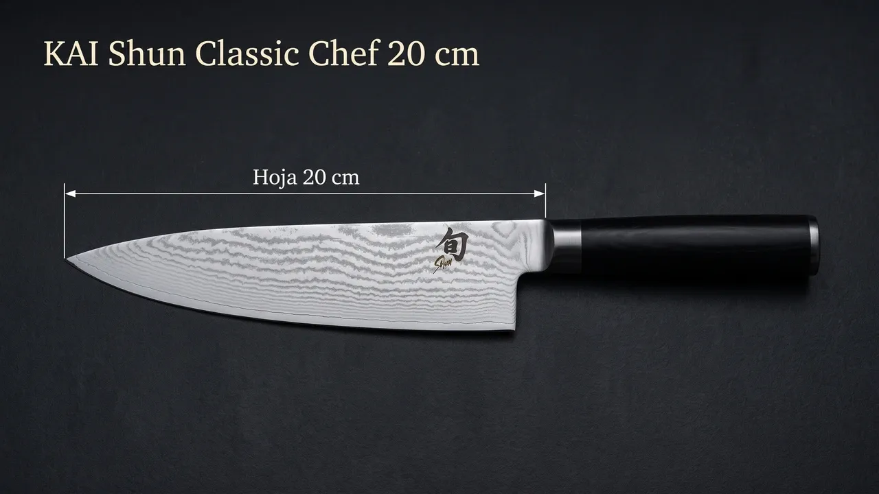Medidas del chef KAI Shun Classic para zurdos: 20 cm de hoja de damasco, con el mango de pakka negra fuera de la cota
