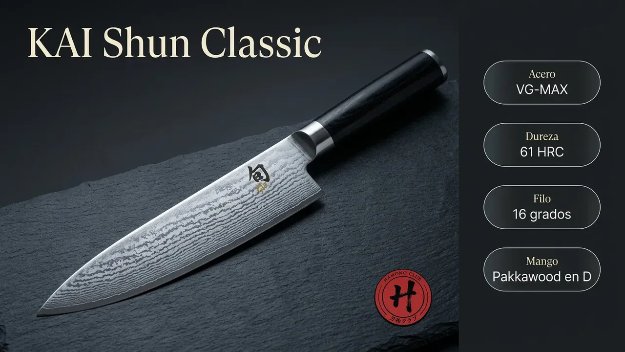 Ficha técnica del Gyuto KAI Shun Classic: acero VG-MAX, 61 HRC de dureza, filo a 16 grados y mango de pakkawood en D