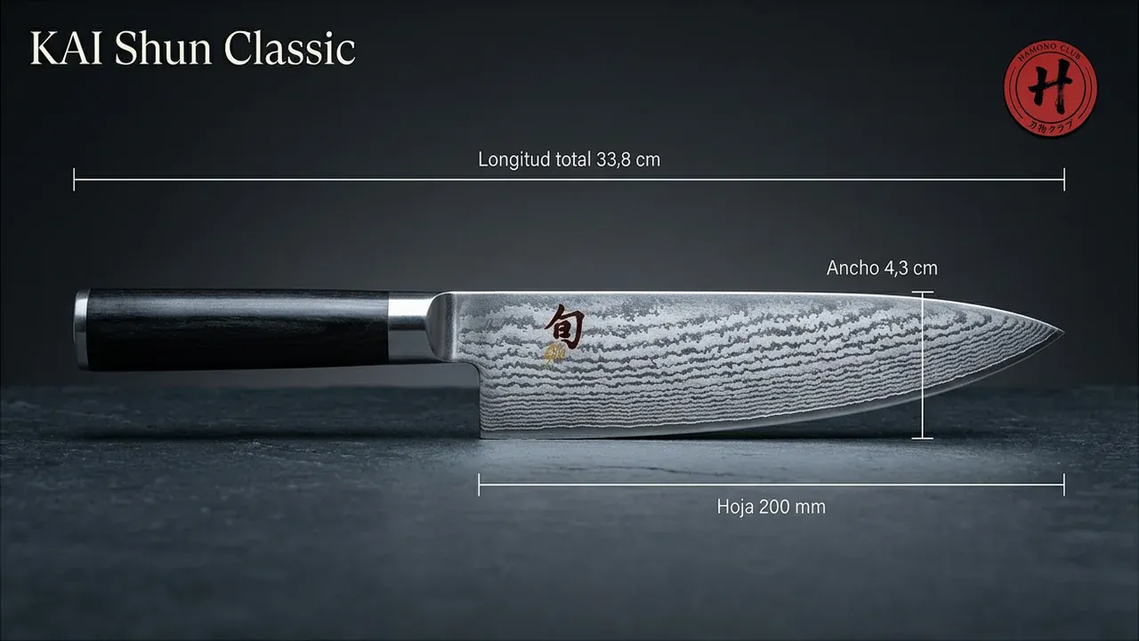Medidas del cuchillo Gyuto KAI Shun Classic: 200 mm de hoja, 33,8 cm de longitud total y 4,3 cm de ancho de hoja de damasco