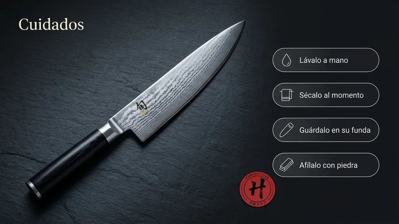 Cuidados del cuchillo Gyuto KAI Shun Classic de damasco VG-MAX: lavar a mano, secar al momento, guardar en funda y afilar con piedra