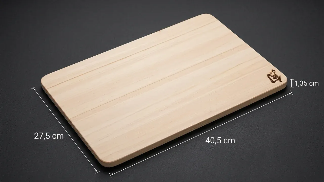 Tabla de corte KAI Shun Hinoki de ciprés japonés con sus medidas: 40,5 cm de largo, 27,5 cm de ancho y 1,35 cm de grosor