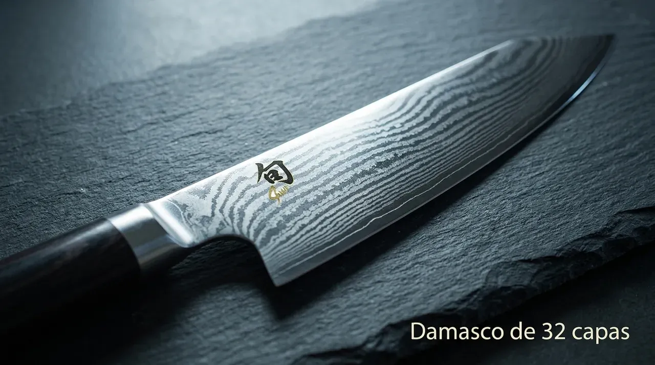 Detalle del patrón damasco de 32 capas de la hoja del kiritsuke KAI Shun Classic, con el logo Shun grabado, sobre pizarra oscura