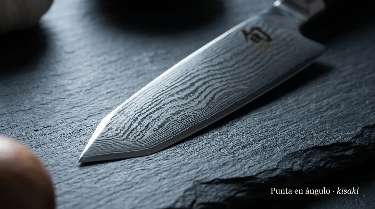 Detalle de la punta en ángulo (kisaki) del kiritsuke KAI Shun Classic, con la hoja de damasco terminada en punta reverse-tanto sobre pizarra