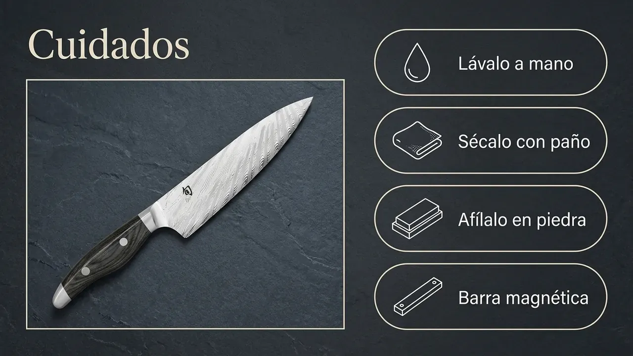 Cuidados del KAI Shun Nagare: lavado a mano, secado con paño, afilado en piedra y guardado en barra magnética