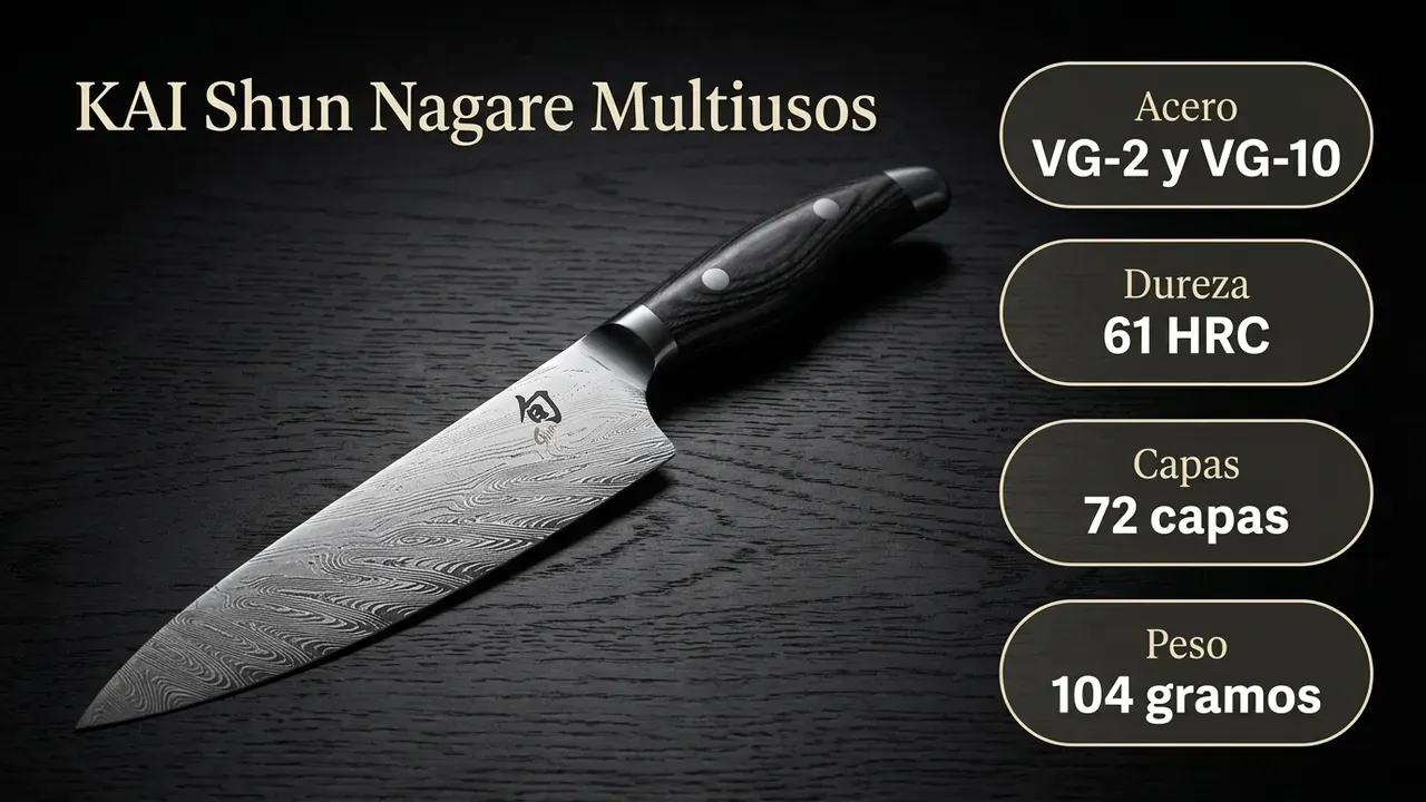 Ficha técnica del Shun Nagare: aceros VG-2 y VG-10 entrelazados, 61 HRC, 72 capas y 104 gramos de peso